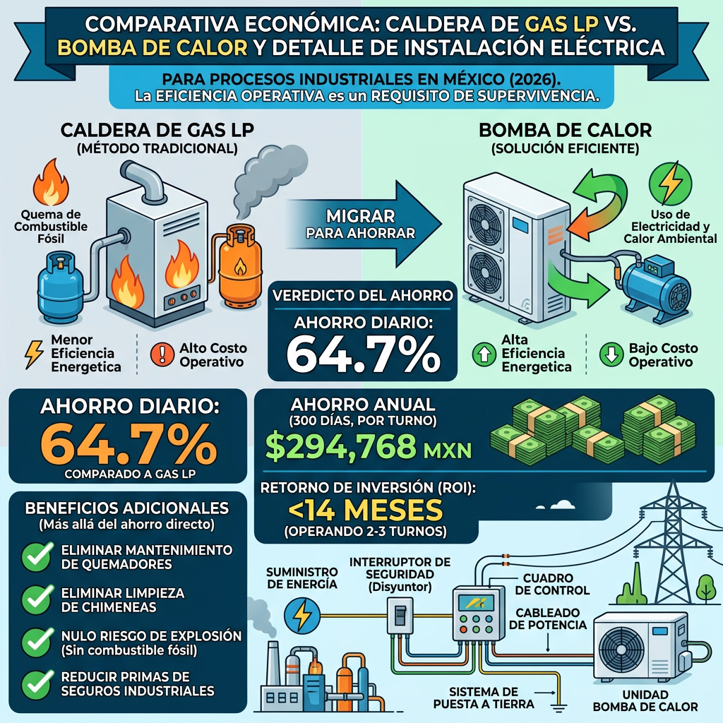 Comparativa Económica: Caldera de Gas LP vs. Bomba de Calor y detalle de instalación eléctrica.
